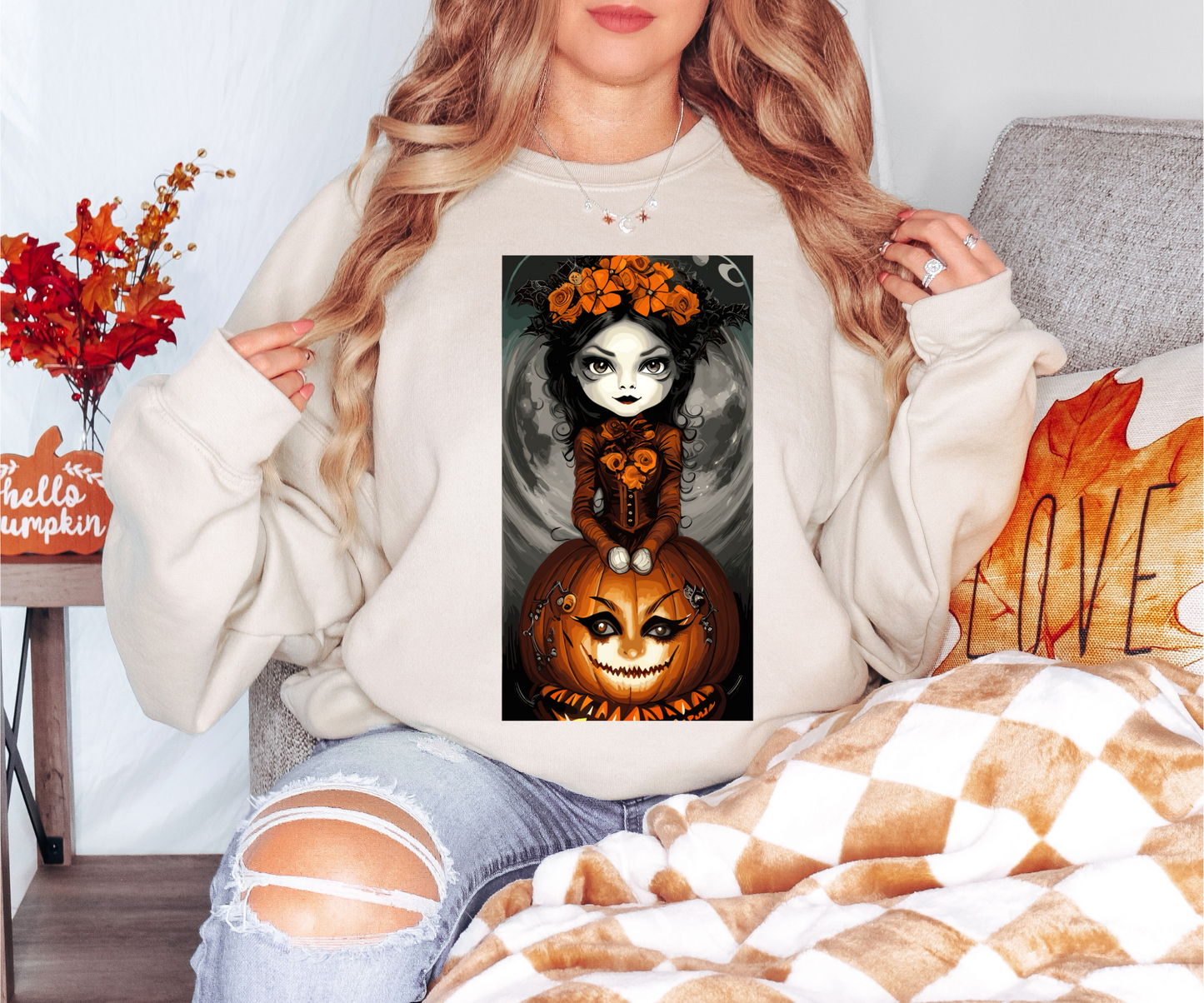 Explore our bewitching collection of Halloween sweatshirts, showcasing the mysterious allure of a Pretty Pumpkin Witch on the front.