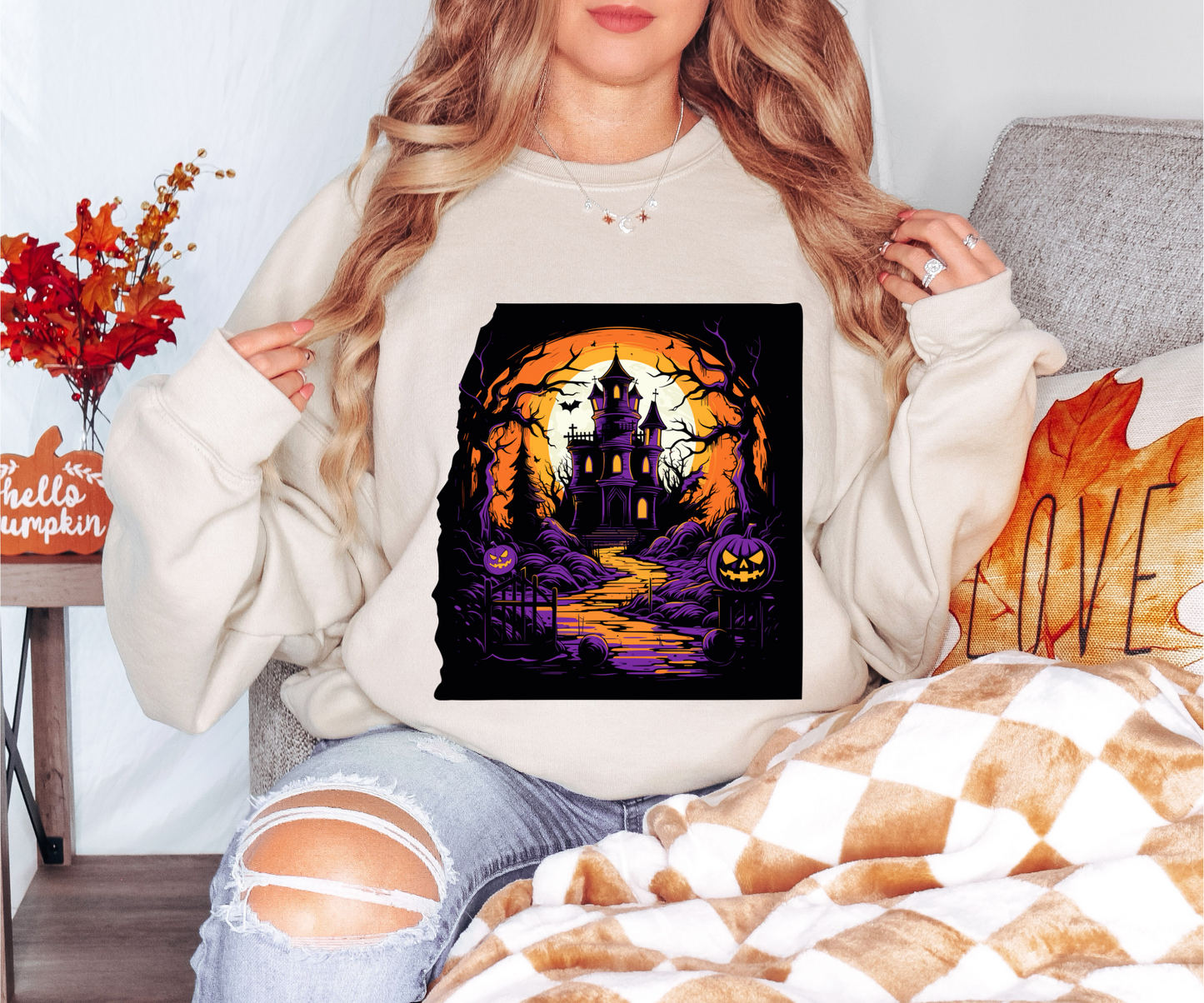Explore our bewitching collection of Halloween sweatshirts, showcasing the mysterious allure of a haunted house on the front.