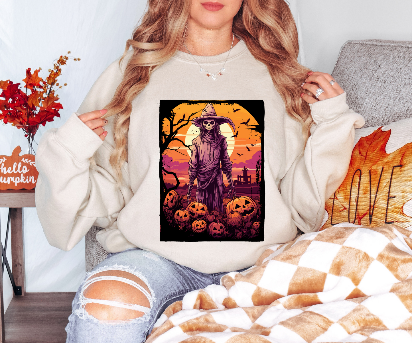 Explore our bewitching collection of Halloween sweatshirts, showcasing the mysterious allure of a Scarecrow on the front.