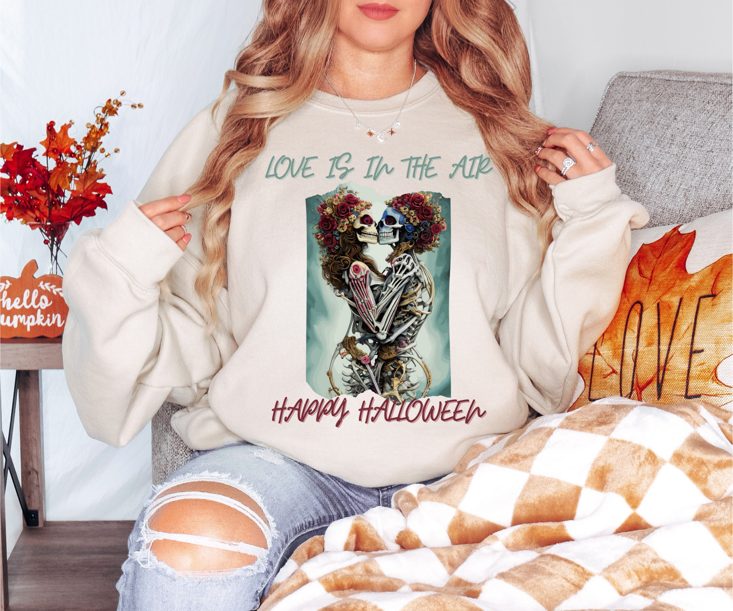 Explore our bewitching collection of Halloween sweatshirts, showcasing the mysterious allure of a skeleton lovers on the front.