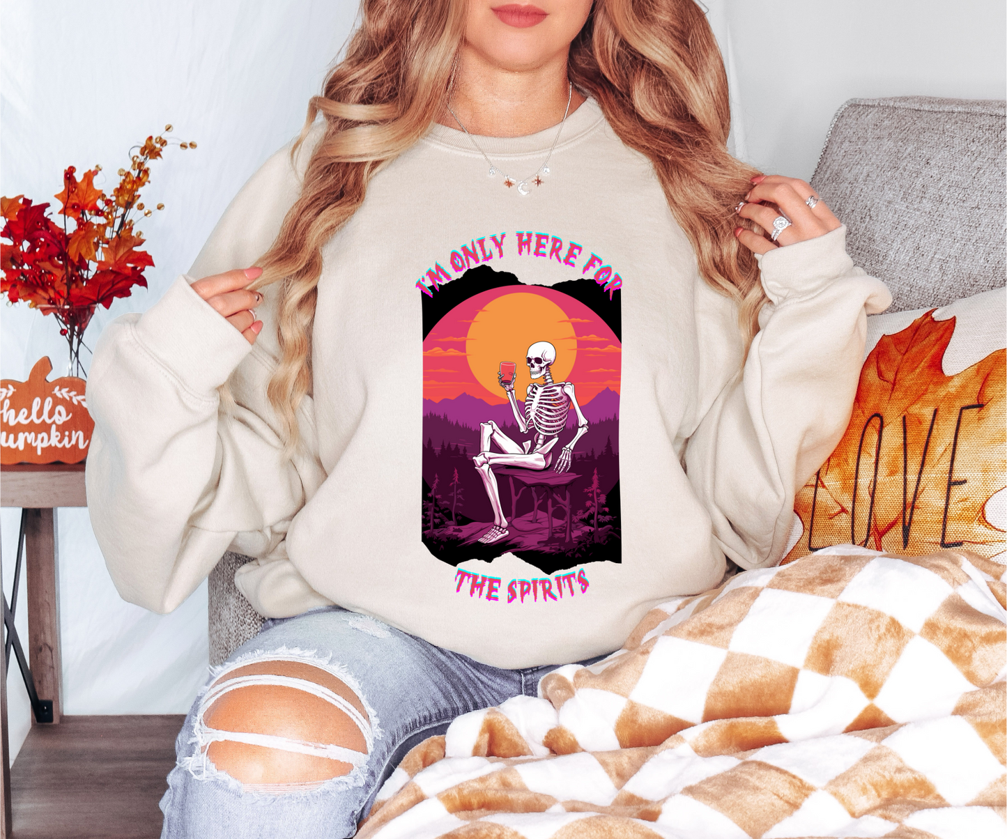 Explore our bewitching collection of Halloween sweatshirts, showcasing the mysterious allure of a drinking skeleton on the front.