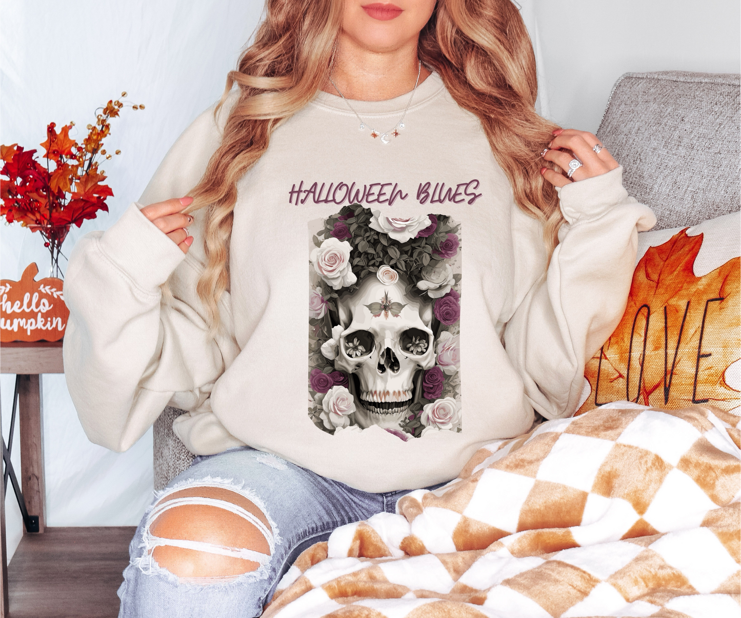 Explore our bewitching collection of Halloween sweatshirts, showcasing the mysterious allure of a skull and roses on the front.