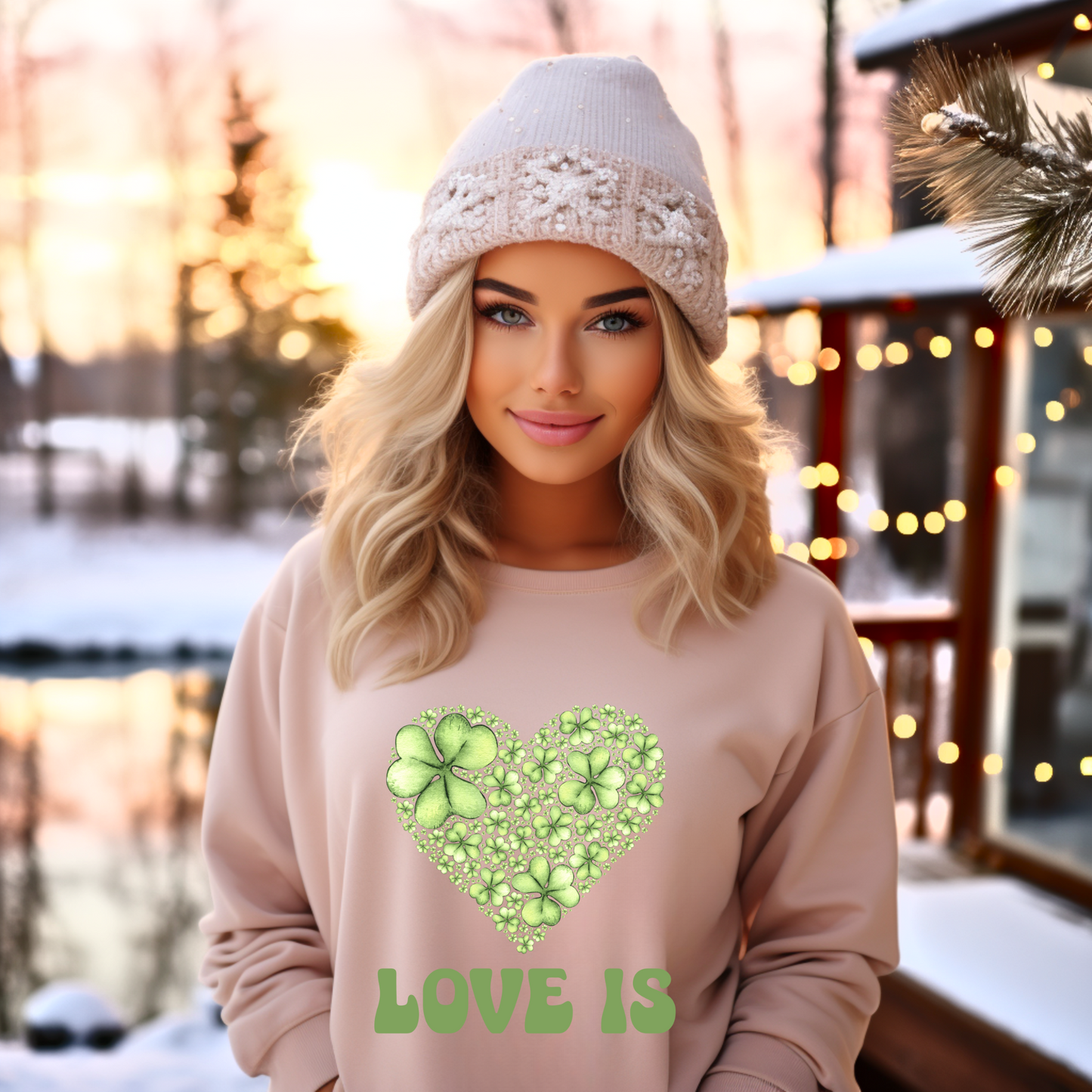 Embrace Love's Warmth:  Introducing 'Love is' Gildan 18000 Sweatshirts - Whimsical Designs, Shamrock & Heart, Cozy Comfort, Thoughtful Sizing