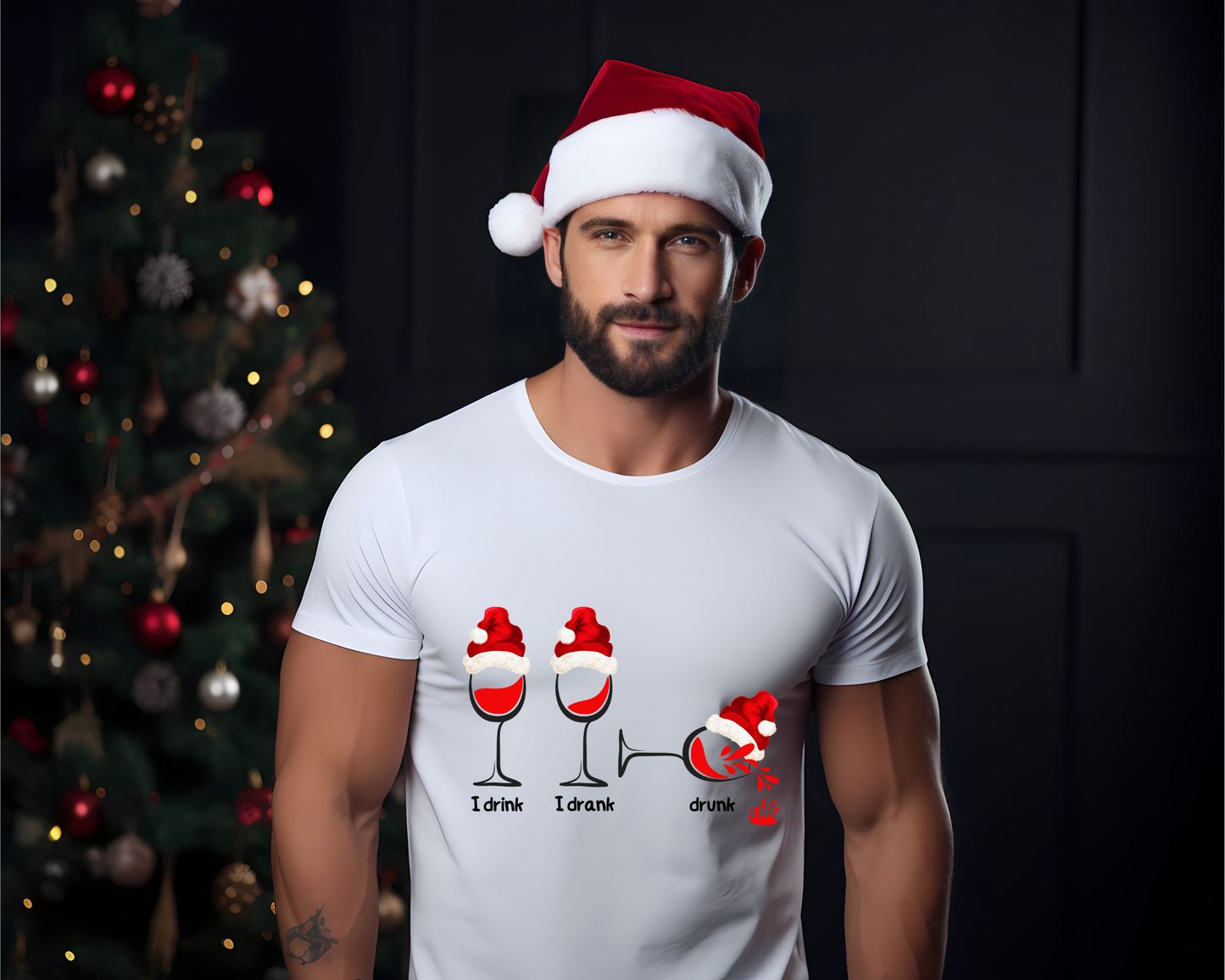 Sip, Savour, Celebrate: Unveil the Festive Spirit with Our “I Drink, I Drank, Drunk” Christmas Crew-neck T-shirt - a Touch of Holiday Cheer!