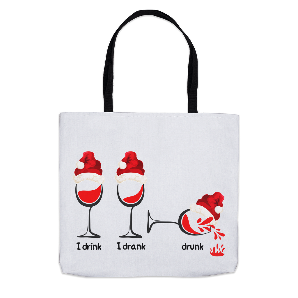 Festive Cheers Tote:  Durable 100% polyester, playful “I drink, I drank, drunk” wine glass design on both sides.  Available in 3 sizes.