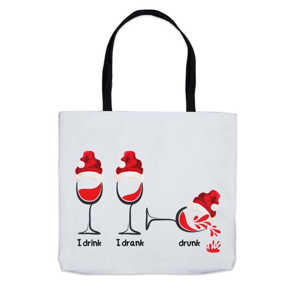 Festive Cheers Tote:  Durable 100% polyester, playful “I drink, I drank, drunk” wine glass design on both sides.  Available in 3 sizes.
