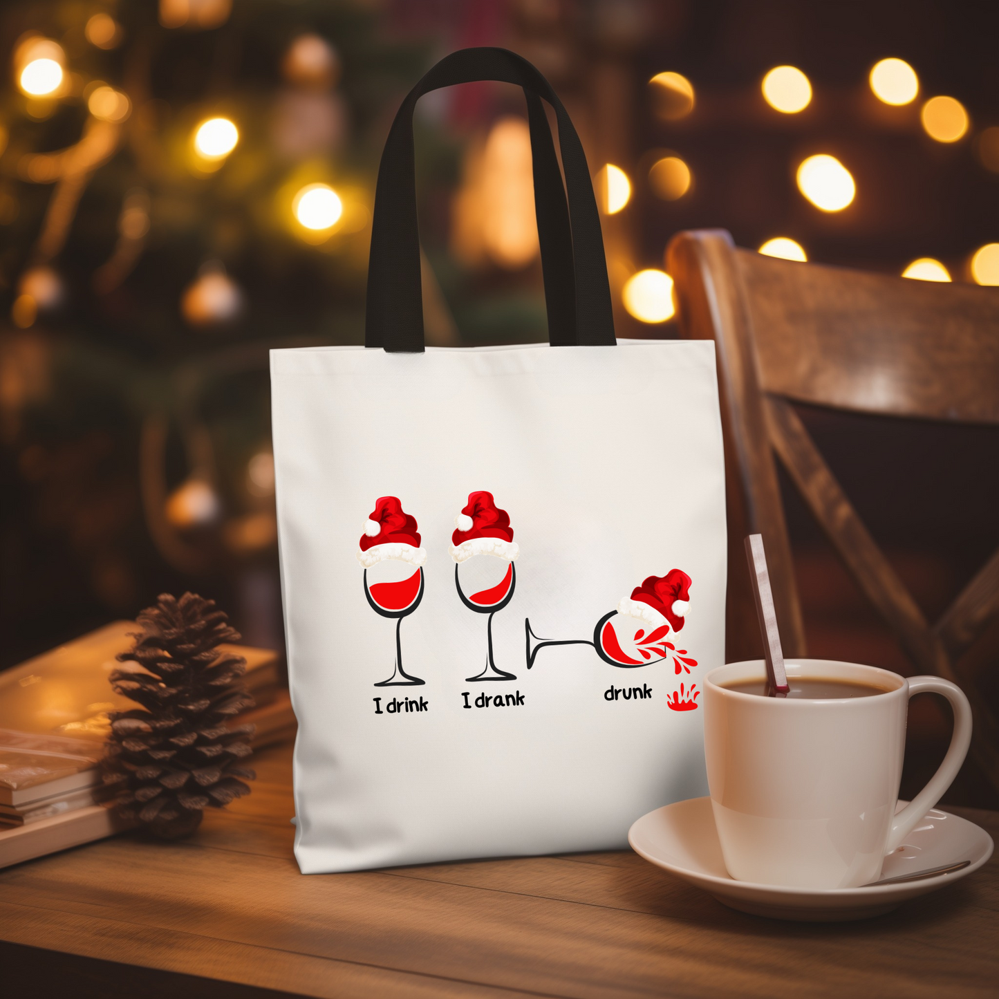 Festive Cheers Tote:  Durable 100% polyester, playful “I drink, I drank, drunk” wine glass design on both sides.  Available in 3 sizes.