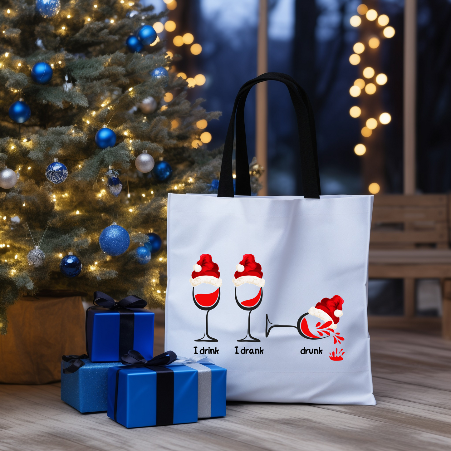 Festive Cheers Tote:  Durable 100% polyester, playful “I drink, I drank, drunk” wine glass design on both sides.  Available in 3 sizes.