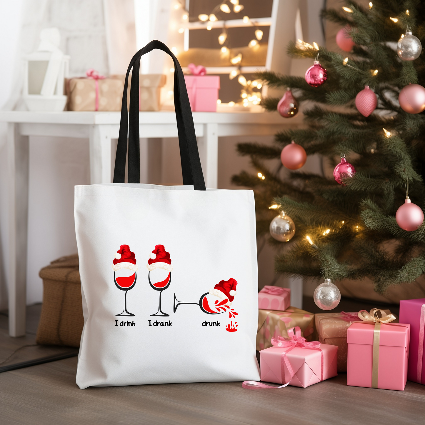 Festive Cheers Tote:  Durable 100% polyester, playful “I drink, I drank, drunk” wine glass design on both sides.  Available in 3 sizes.