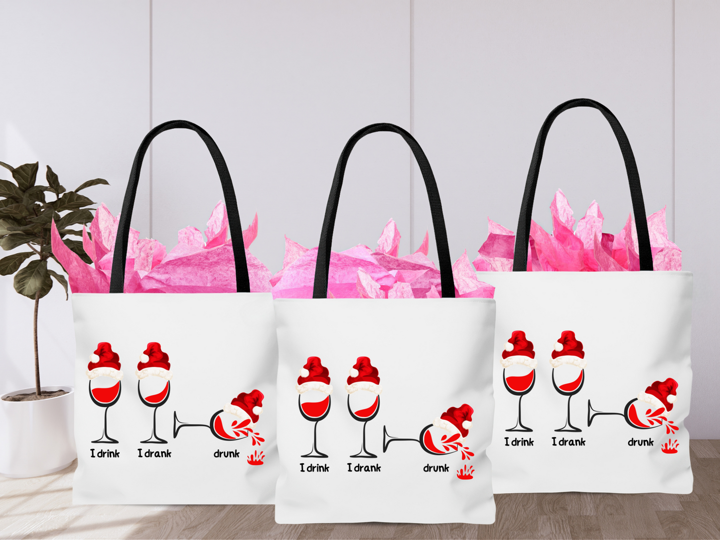Festive Cheers Tote:  Durable 100% polyester, playful “I drink, I drank, drunk” wine glass design on both sides.  Available in 3 sizes.
