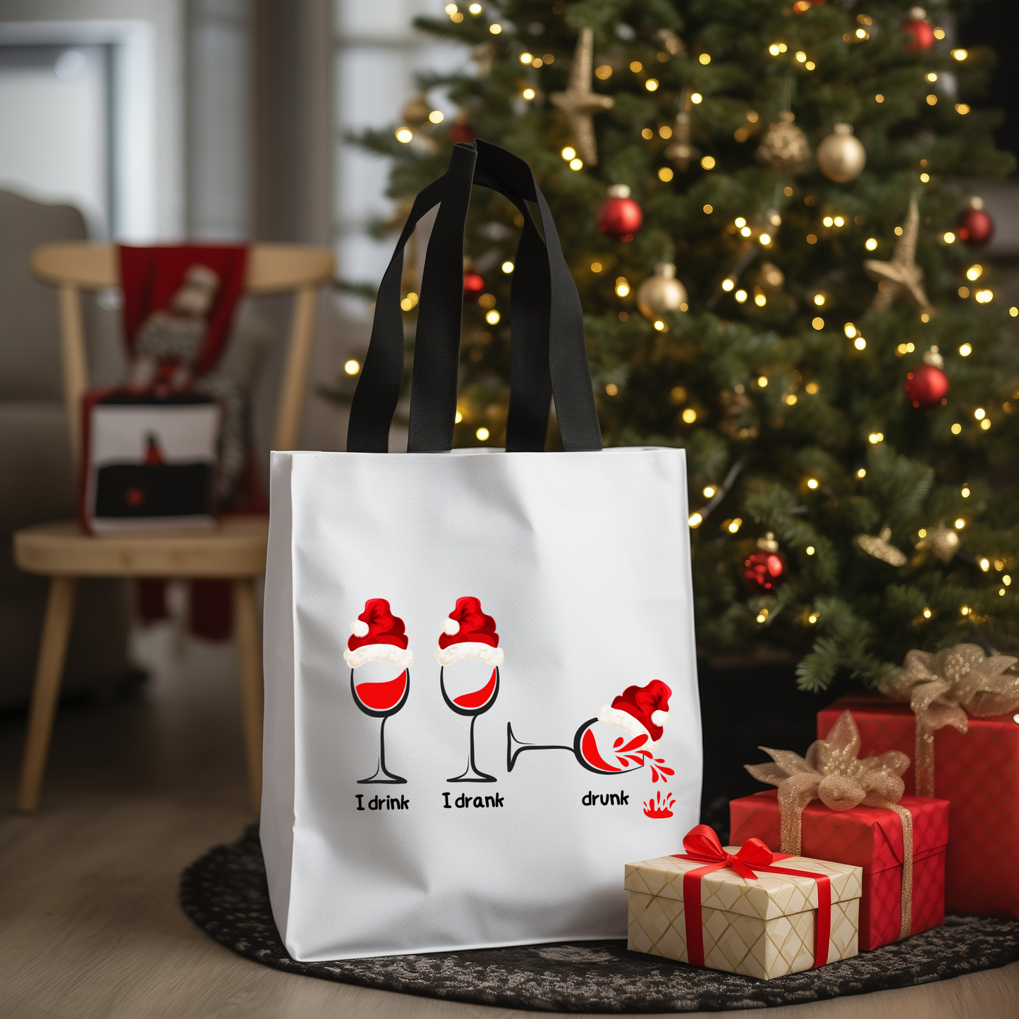 Festive Cheers Tote:  Durable 100% polyester, playful “I drink, I drank, drunk” wine glass design on both sides.  Available in 3 sizes.