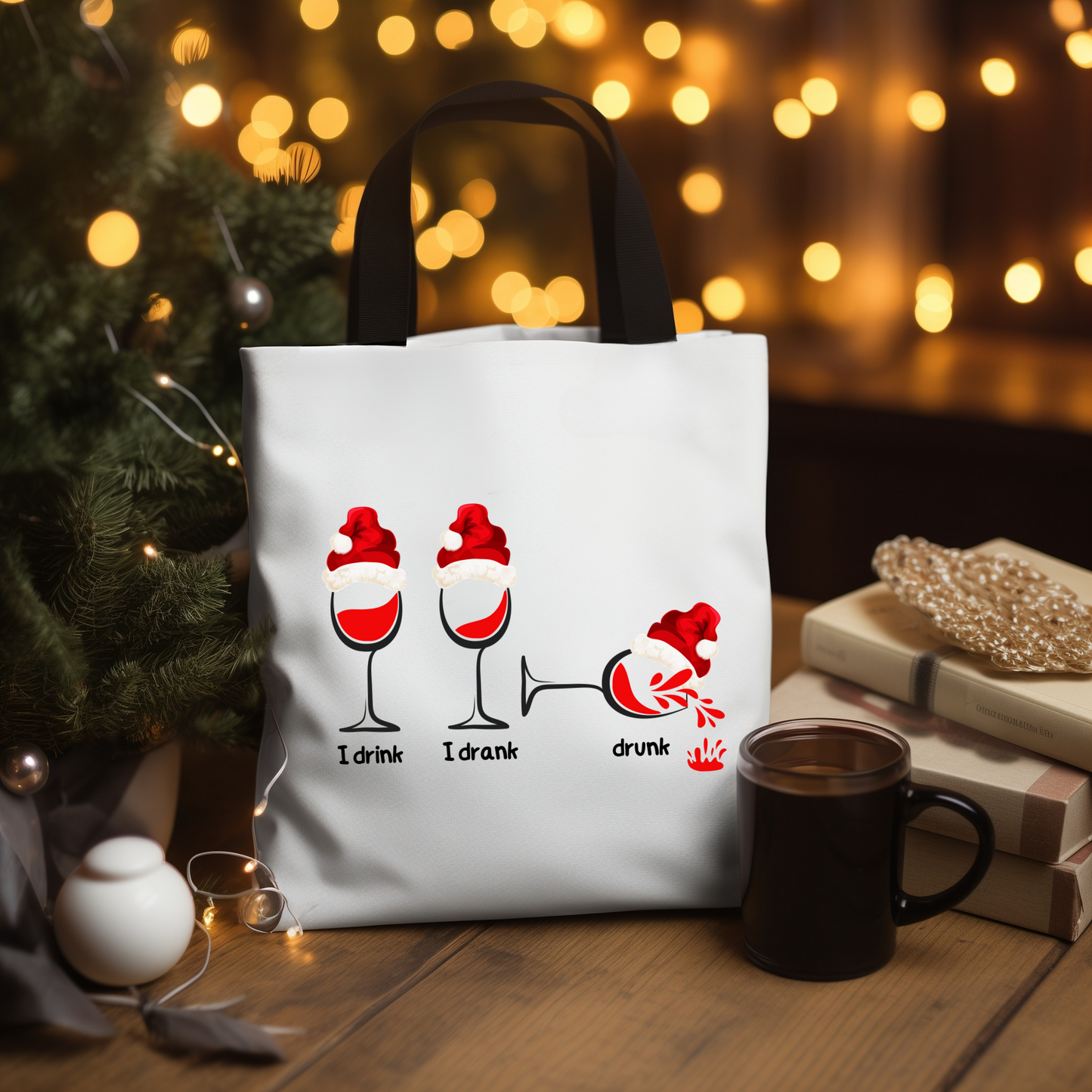 Festive Cheers Tote:  Durable 100% polyester, playful “I drink, I drank, drunk” wine glass design on both sides.  Available in 3 sizes.