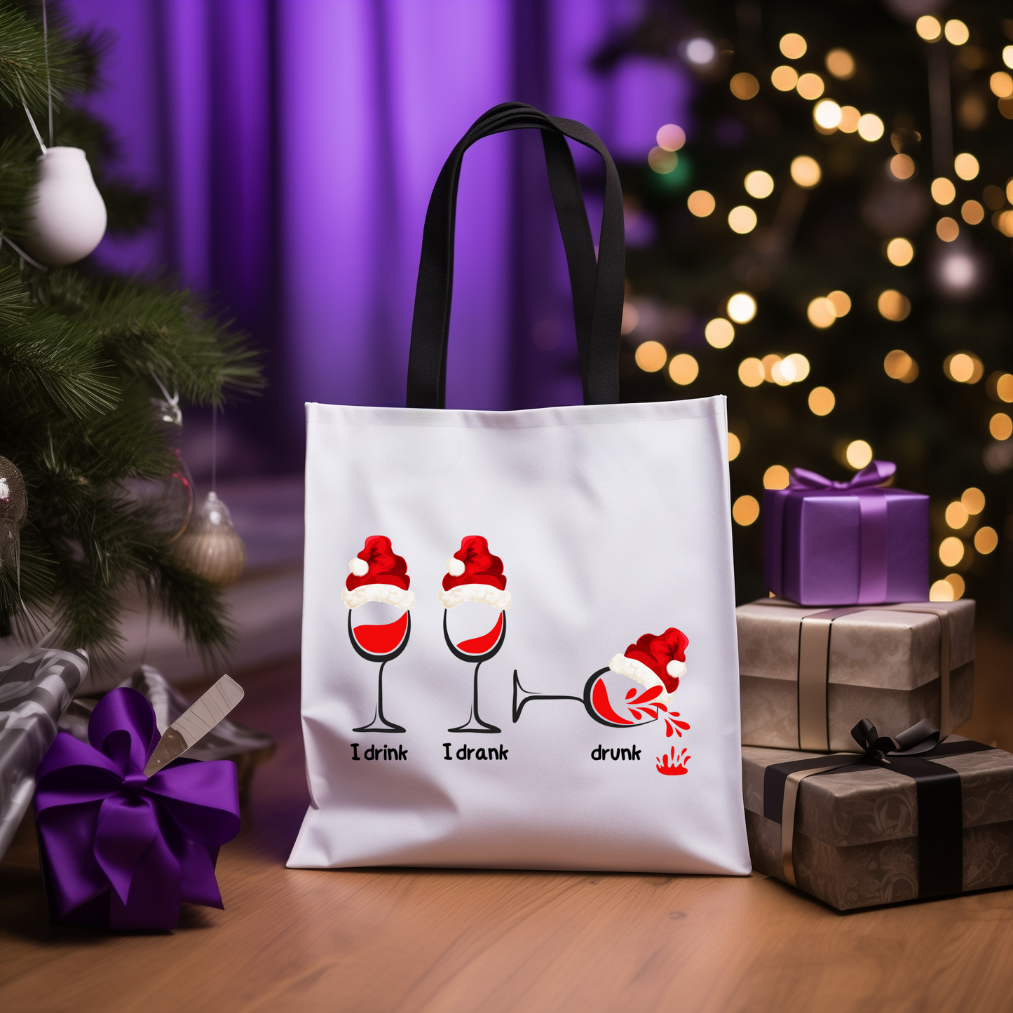 Festive Cheers Tote:  Durable 100% polyester, playful “I drink, I drank, drunk” wine glass design on both sides.  Available in 3 sizes.
