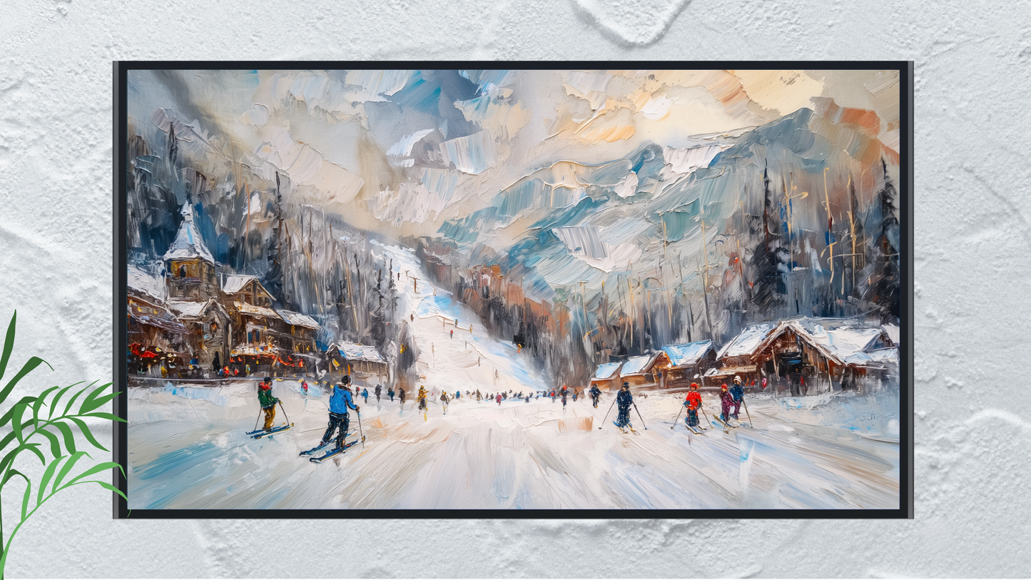 Vintage Vistas:  Transform Your TV into a Textured Masterpiece.  Frame TV Ski Hill Art, Vintage Winter Digital Download Art File, Ski Hill TV Art Frame, Winter Ski Scene Art for Frame TV