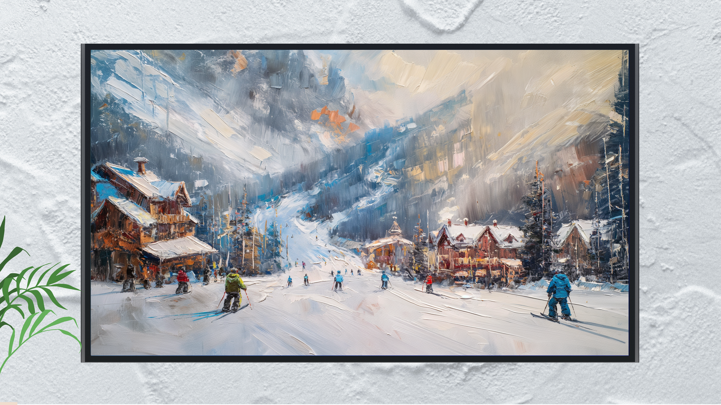 Vintage Vistas:  Transform Your TV into a Textured Masterpiece.  Frame TV Ski Hill Art, Vintage Winter Digital Download Art File, Ski Hill TV Art Frame, Winter Ski Scene Art for Frame TV