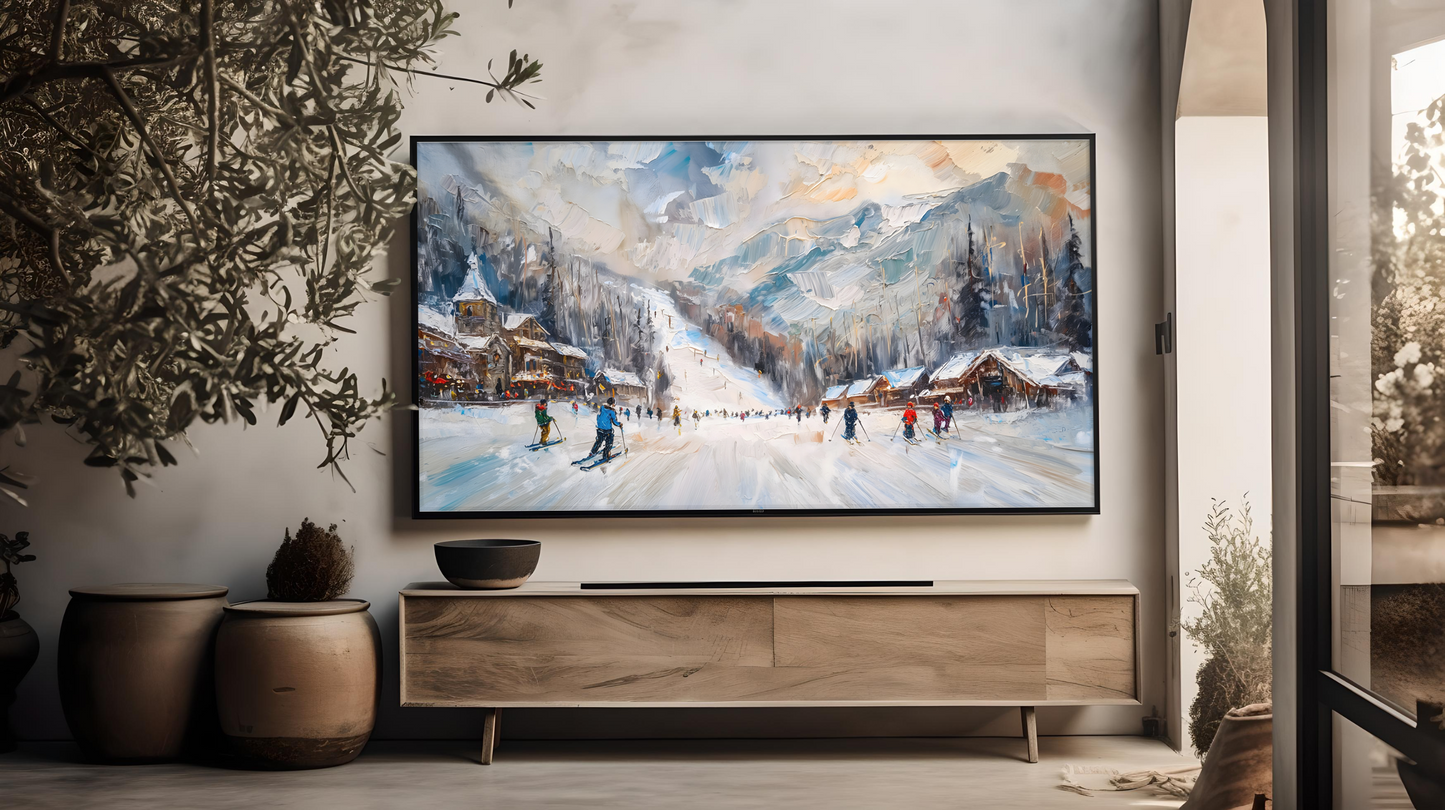 Vintage Vistas:  Transform Your TV into a Textured Masterpiece.  Frame TV Ski Hill Art, Vintage Winter Digital Download Art File, Ski Hill TV Art Frame, Winter Ski Scene Art for Frame TV