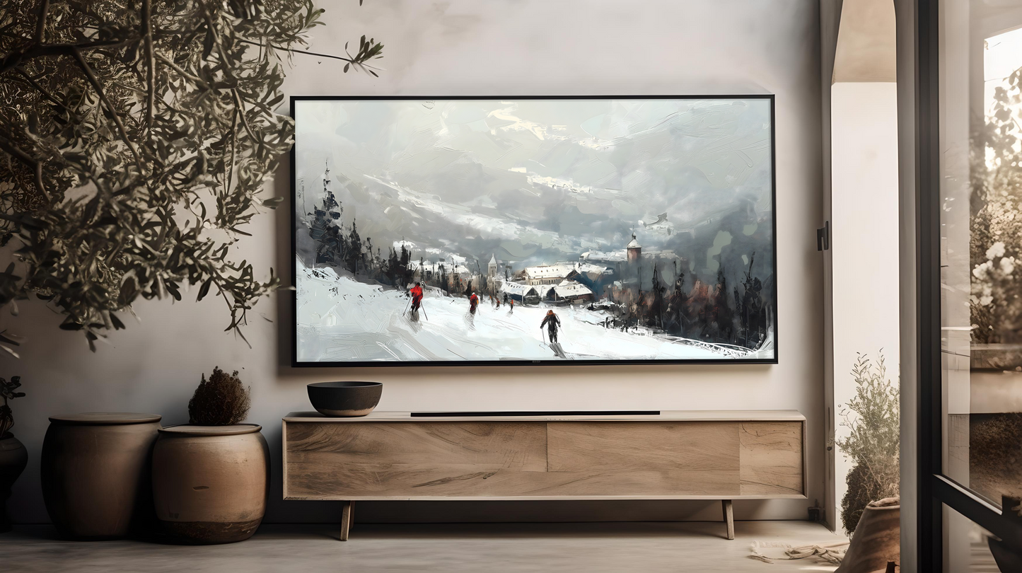 Vintage Vistas:  Transform Your TV into a Textured Masterpiece.  Frame TV Ski Hill Art, Vintage Winter Digital Download Art File, Ski Hill TV Art Frame, Winter Ski Scene Art for Frame TV