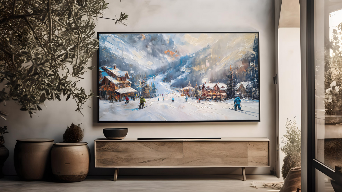 Vintage Vistas:  Transform Your TV into a Textured Masterpiece.  Frame TV Ski Hill Art, Vintage Winter Digital Download Art File, Ski Hill TV Art Frame, Winter Ski Scene Art for Frame TV