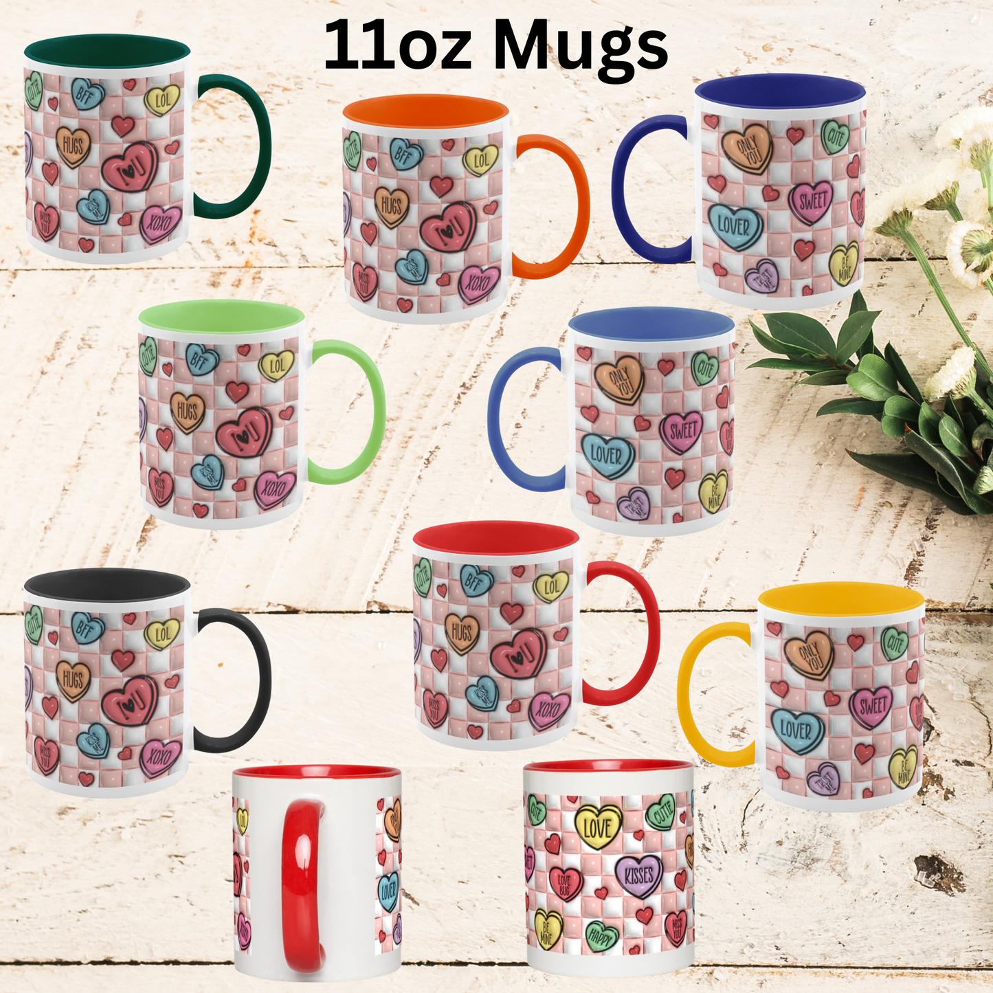 Love Unleashed:  Valentine’s Candy Hearts Two-Tone Mugs - A Symphony of Colors on Glossy White Canvas, Sip Romance Daily!