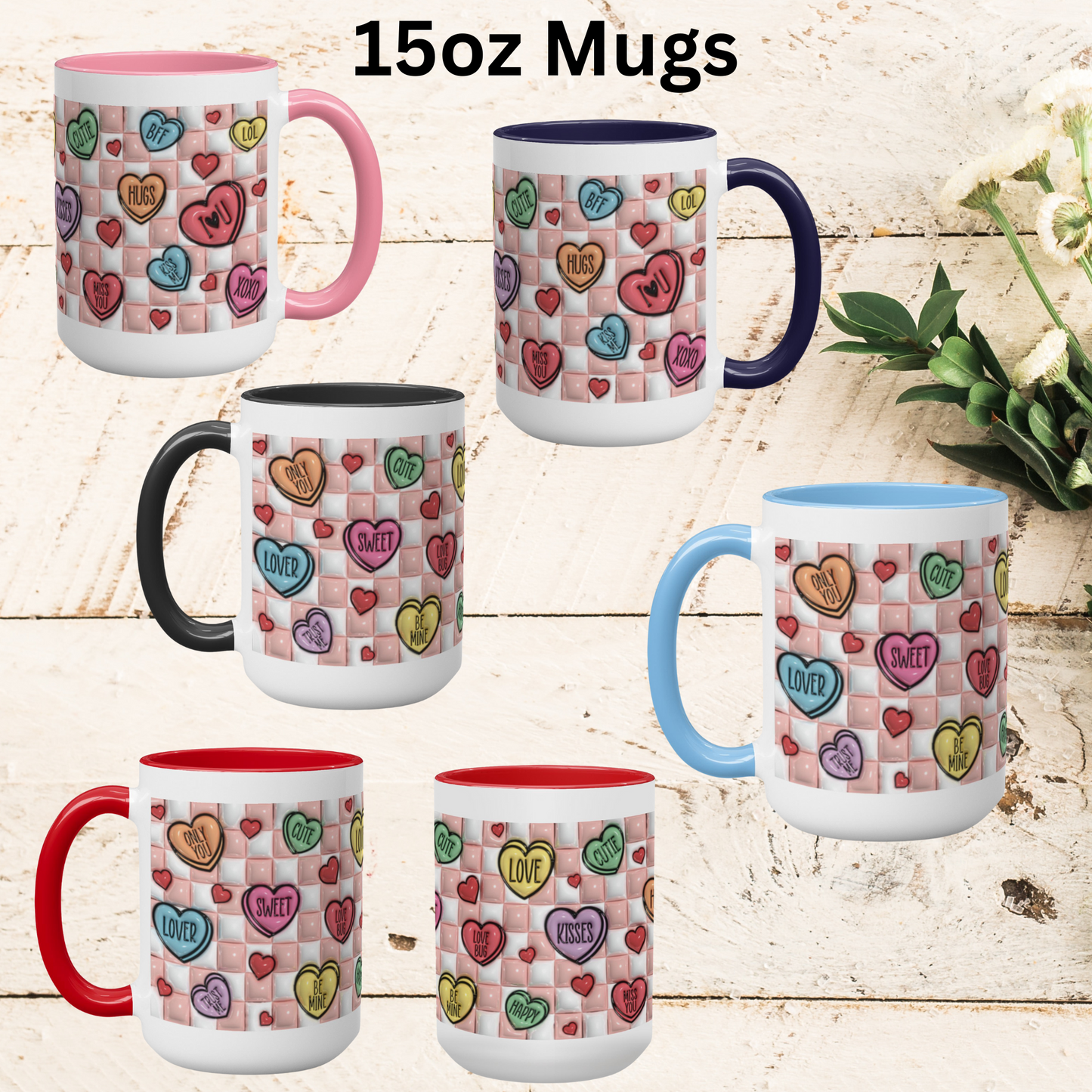 Love Unleashed:  Valentine’s Candy Hearts Two-Tone Mugs - A Symphony of Colors on Glossy White Canvas, Sip Romance Daily!