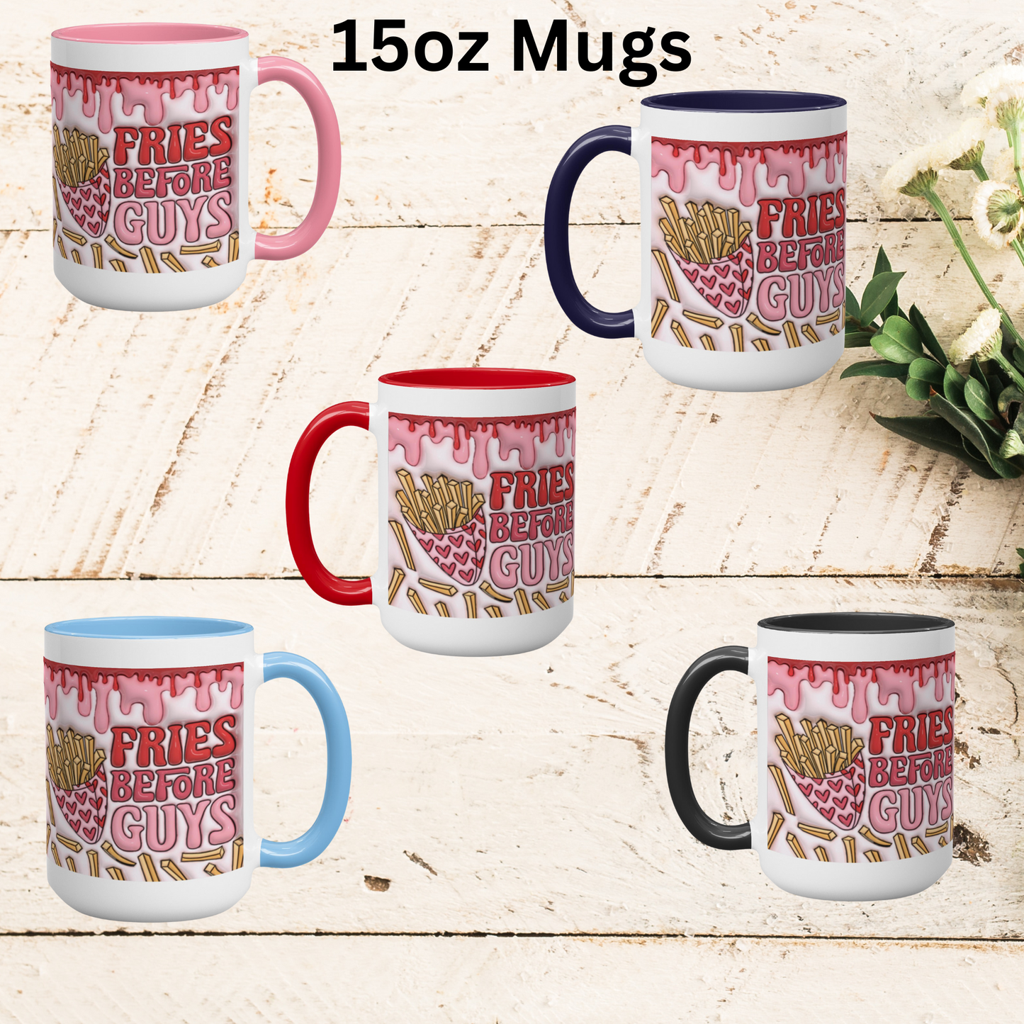 Love Unleashed:  Fries Before Guys Valentine's Two-Tone Mugs - A Symphony of Colors on Glossy White Canvas, Sip Romance Daily!