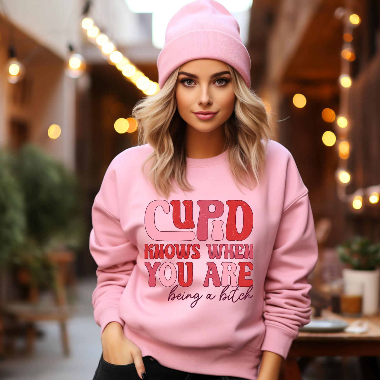 Cupid's Wit:  Bold Valentine's Sweatshirt - Sassy statement in distressed pinks & reds.  Cozy Gildan 18000, S-5XL.