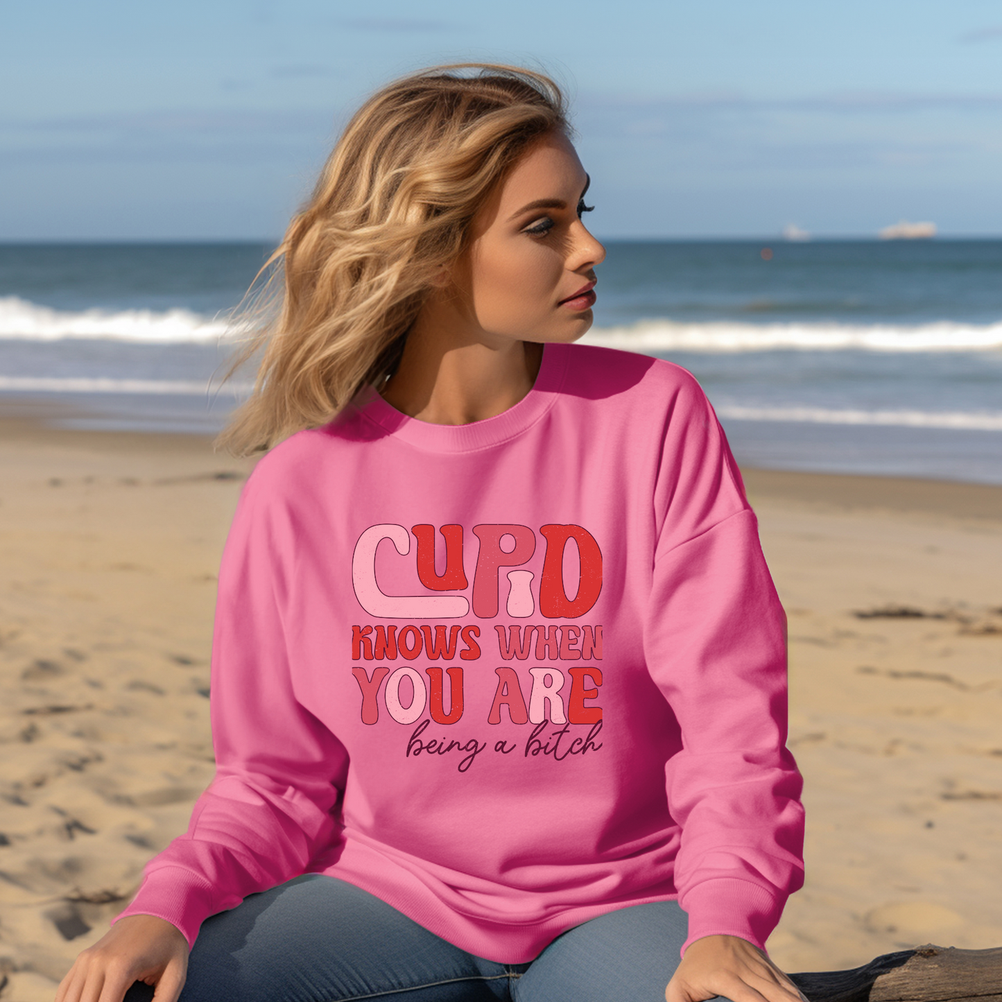 Cupid's Wit:  Bold Valentine's Sweatshirt - Sassy statement in distressed pinks & reds.  Cozy Gildan 18000, S-5XL.