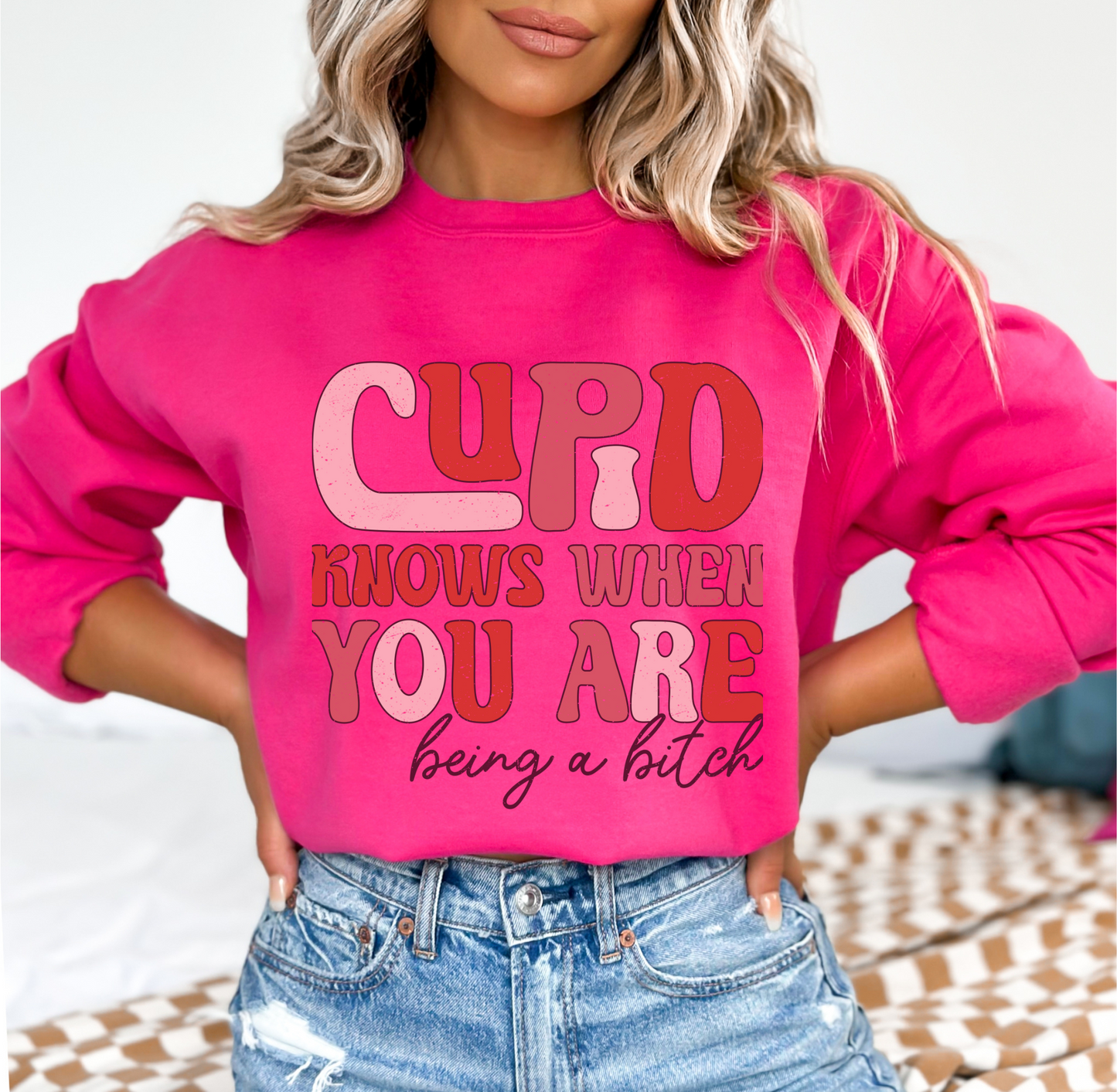 Cupid's Wit:  Bold Valentine's Sweatshirt - Sassy statement in distressed pinks & reds.  Cozy Gildan 18000, S-5XL.