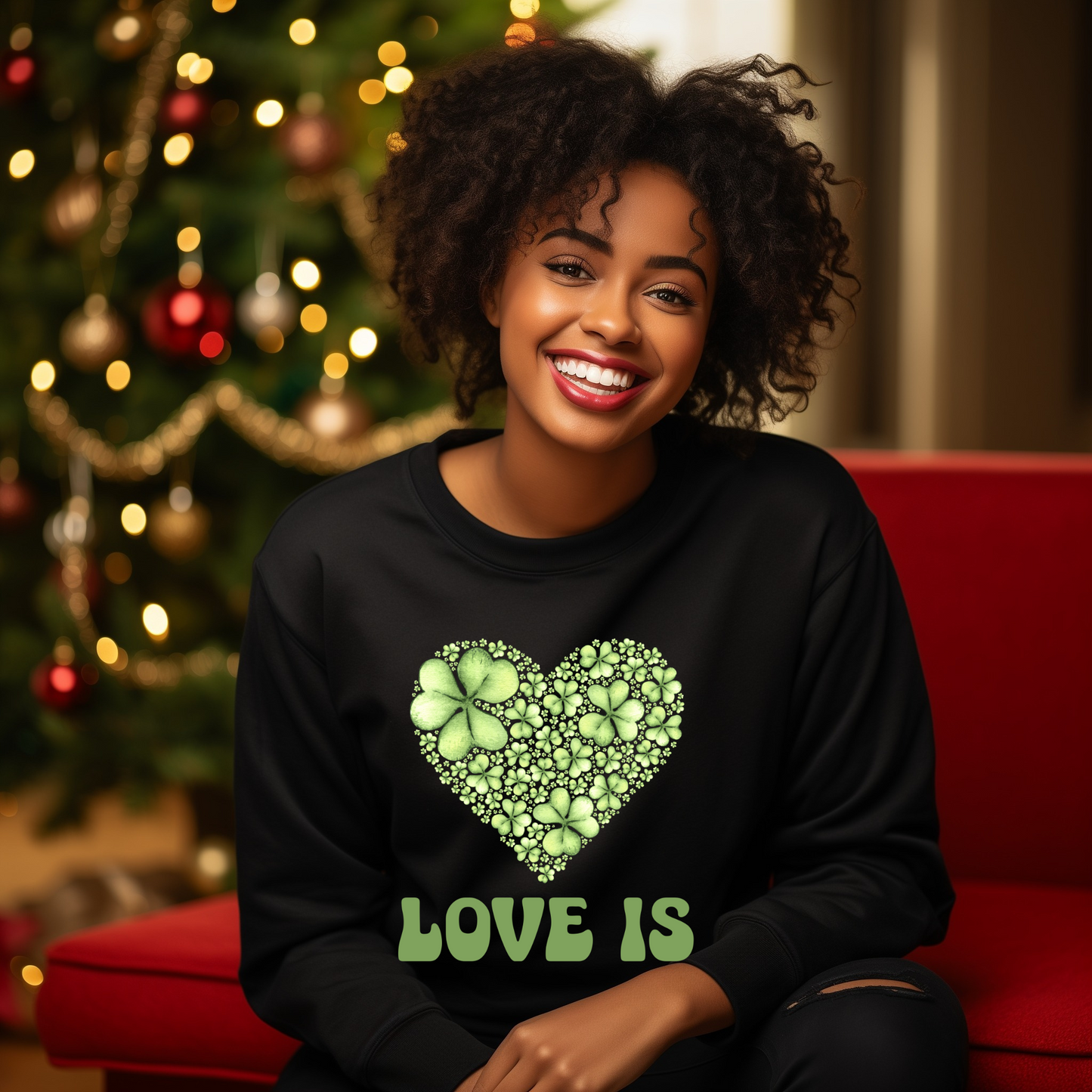 Embrace Love's Warmth:  Introducing 'Love is' Gildan 18000 Sweatshirts - Whimsical Designs, Shamrock & Heart, Cozy Comfort, Thoughtful Sizing