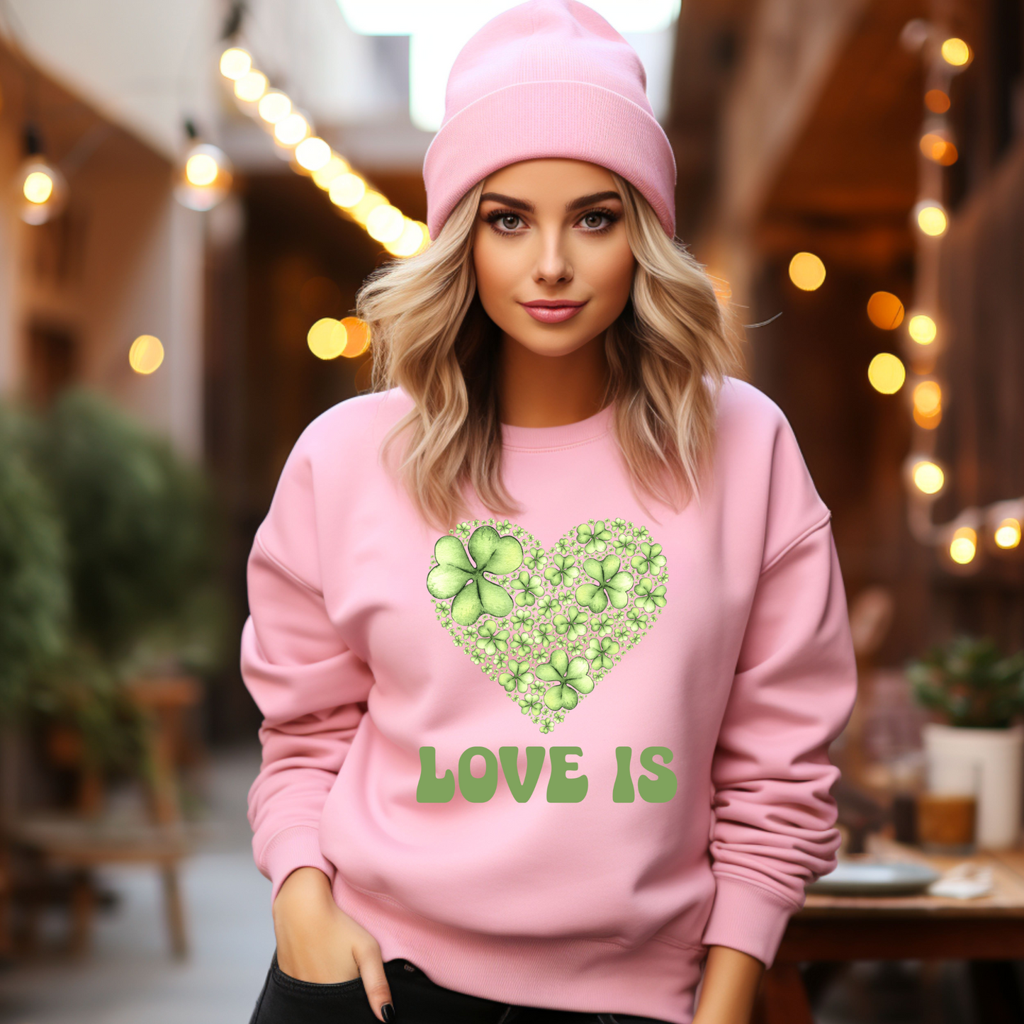 Embrace Love's Warmth:  Introducing 'Love is' Gildan 18000 Sweatshirts - Whimsical Designs, Shamrock & Heart, Cozy Comfort, Thoughtful Sizing