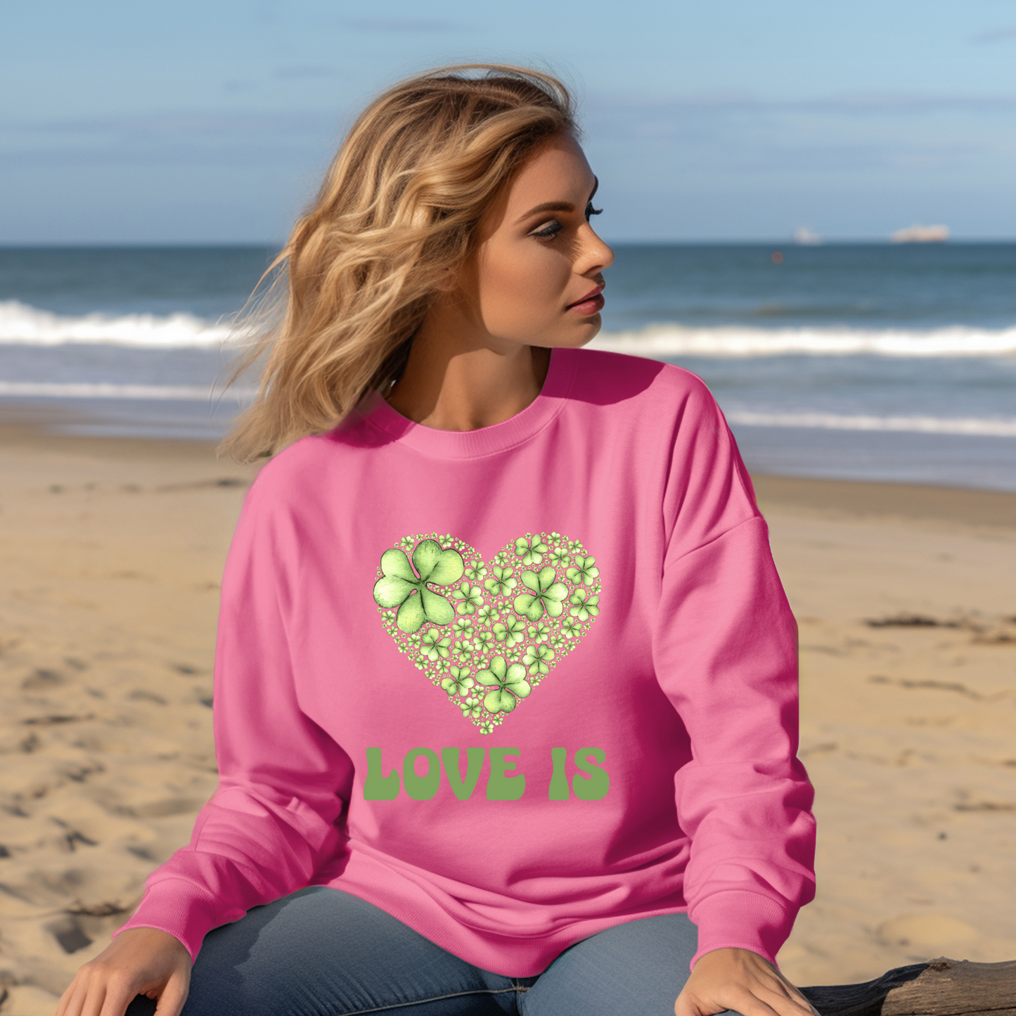 Embrace Love's Warmth:  Introducing 'Love is' Gildan 18000 Sweatshirts - Whimsical Designs, Shamrock & Heart, Cozy Comfort, Thoughtful Sizing