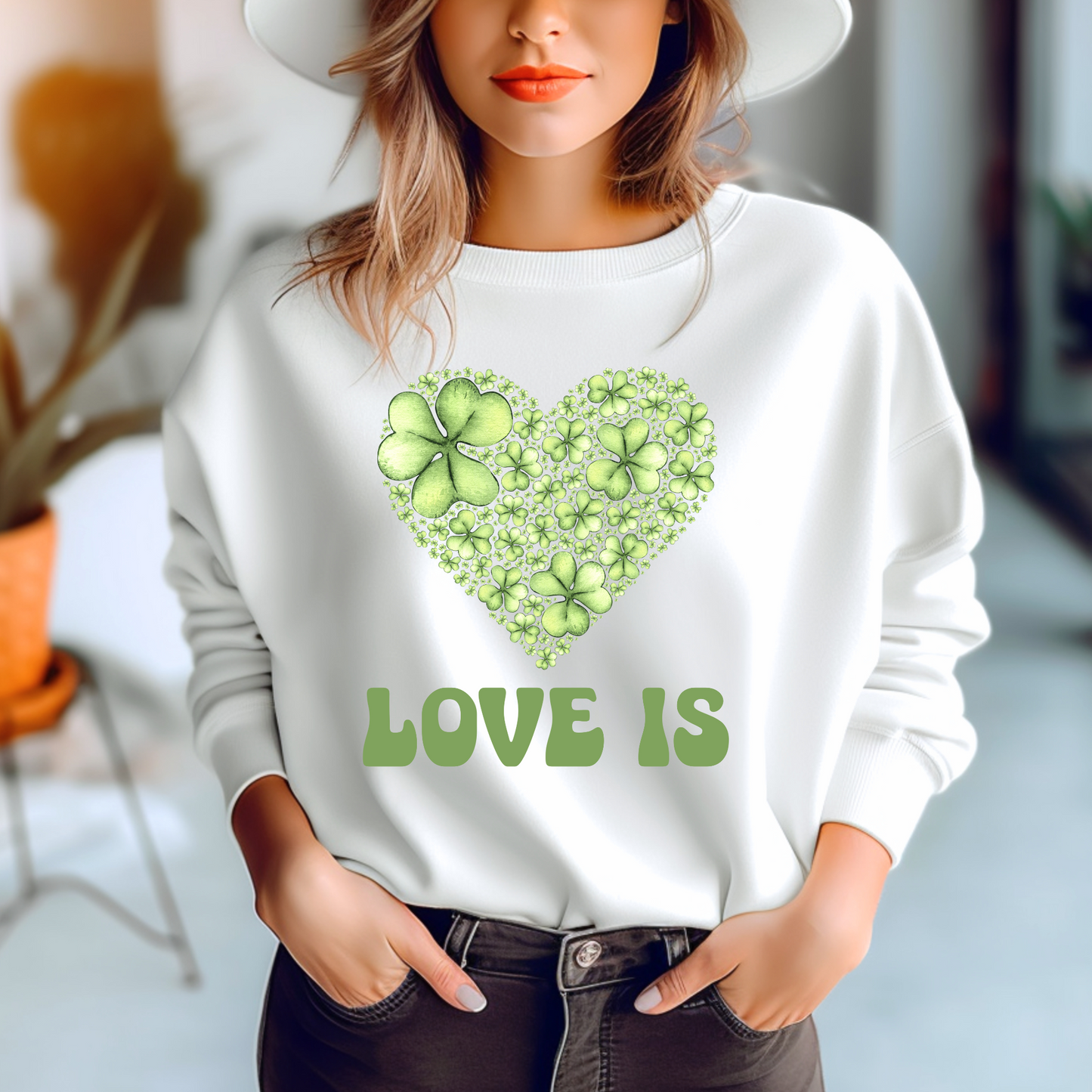 Embrace Love's Warmth:  Introducing 'Love is' Gildan 18000 Sweatshirts - Whimsical Designs, Shamrock & Heart, Cozy Comfort, Thoughtful Sizing