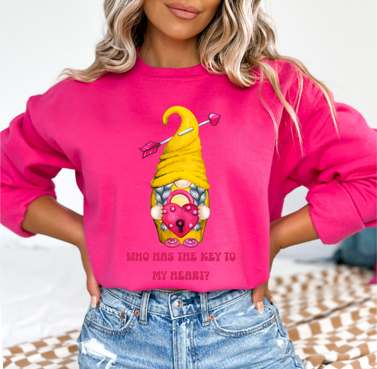 Embrace Love's Warmth:  Introducing our Gnome with a Locked heart, 'Love is' Gildan 18000 Sweatshirts – Whimsical Designs, Cozy Comfort.