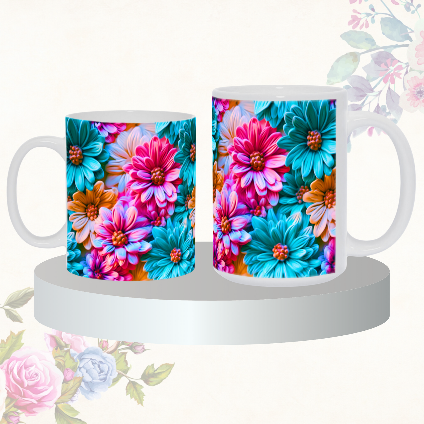 Blooming Bliss: The Bright Floral Inflated Ceramic Mug