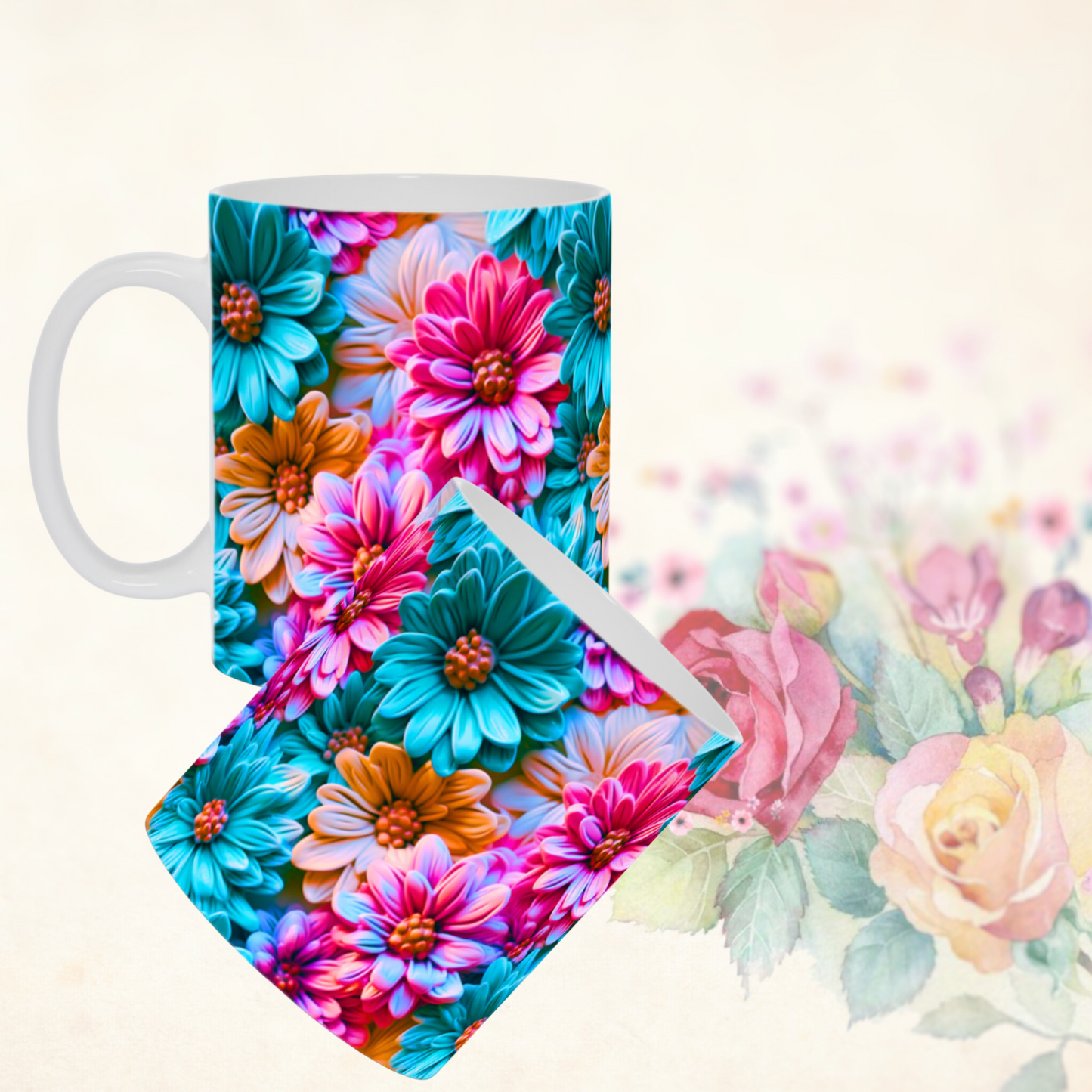 Blooming Bliss: The Bright Floral Inflated Ceramic Mug