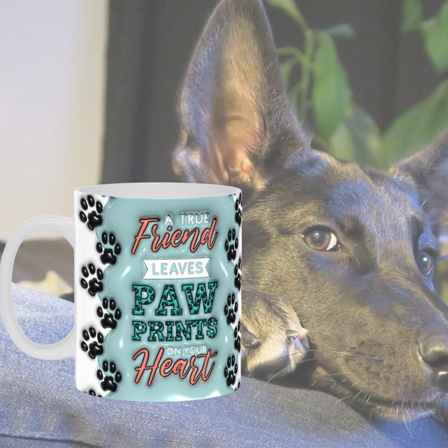 Paws & Love:  Inflated Ceramic Mug Collection – “A True Friend Leaves Paw Prints on Your Heart”.