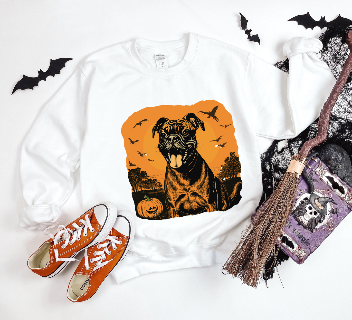 Explore our bewitching collection of Halloween sweatshirts, showcasing the mysterious allure of a boxer dog on the front.