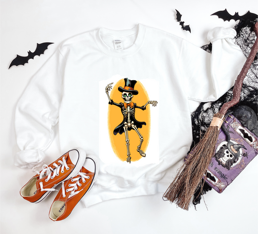 Explore our bewitching collection of Halloween sweatshirts, showcasing the mysterious allure of a dancing skeleton on the front.