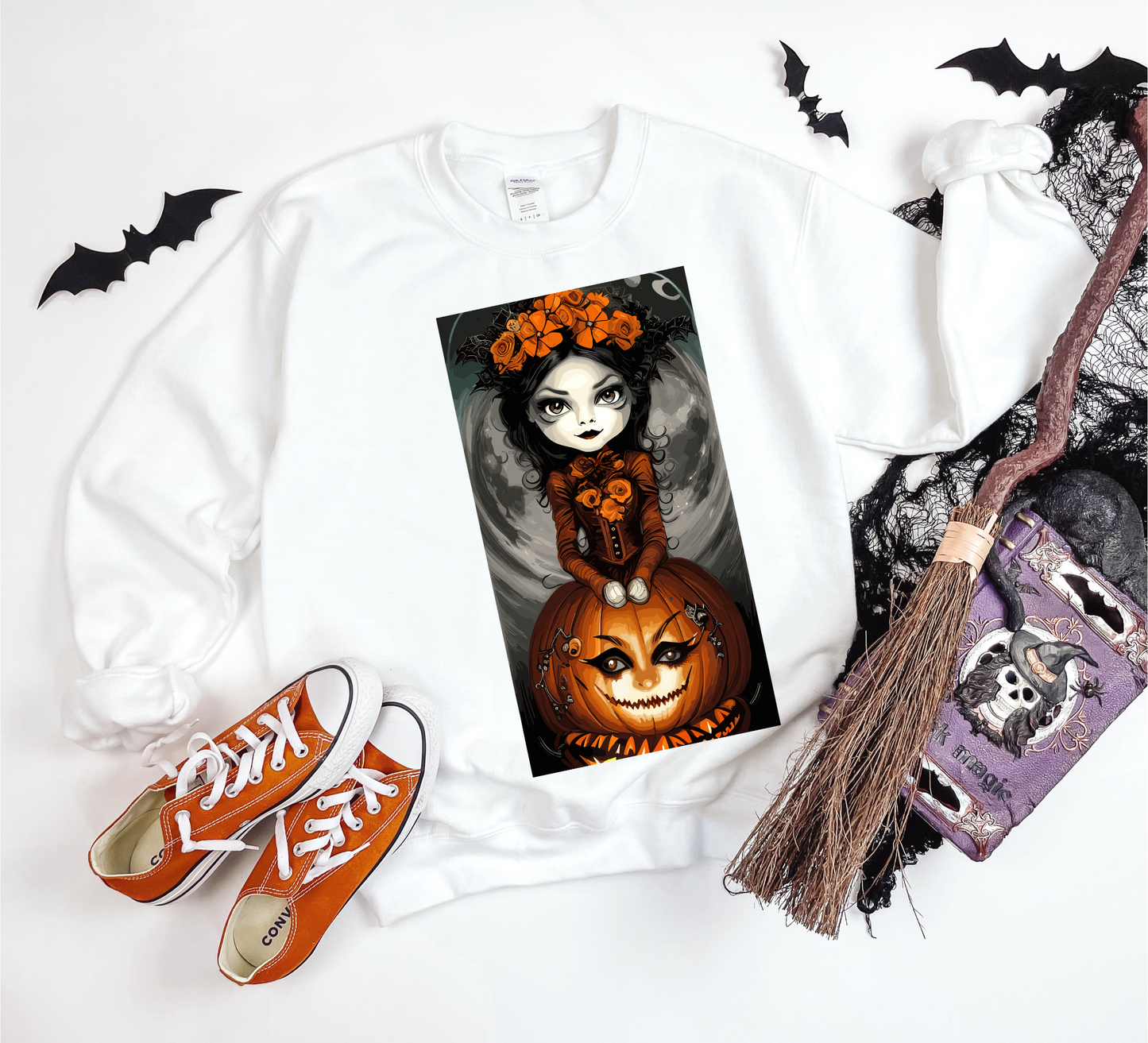 Explore our bewitching collection of Halloween sweatshirts, showcasing the mysterious allure of a Pretty Pumpkin Witch on the front.