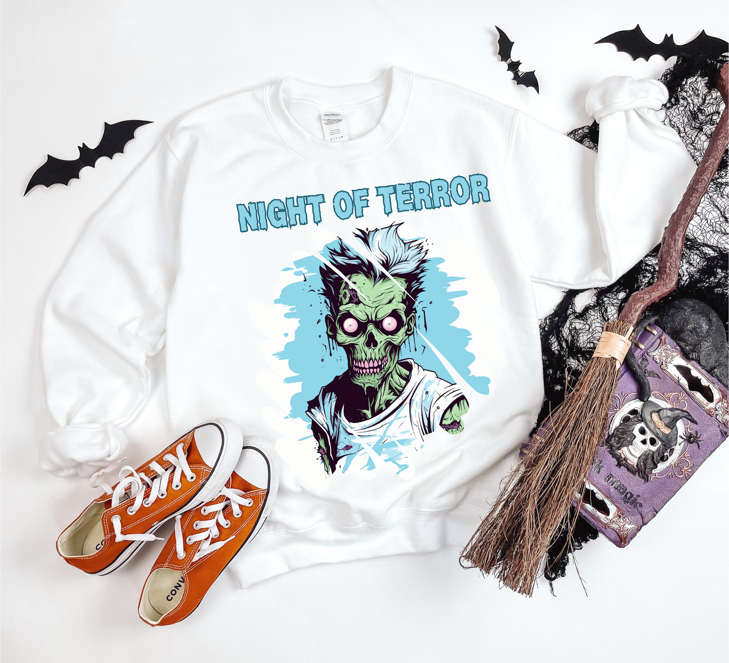 Explore our bewitching collection of Halloween sweatshirts, showcasing the mysterious allure of a zombie on the front.