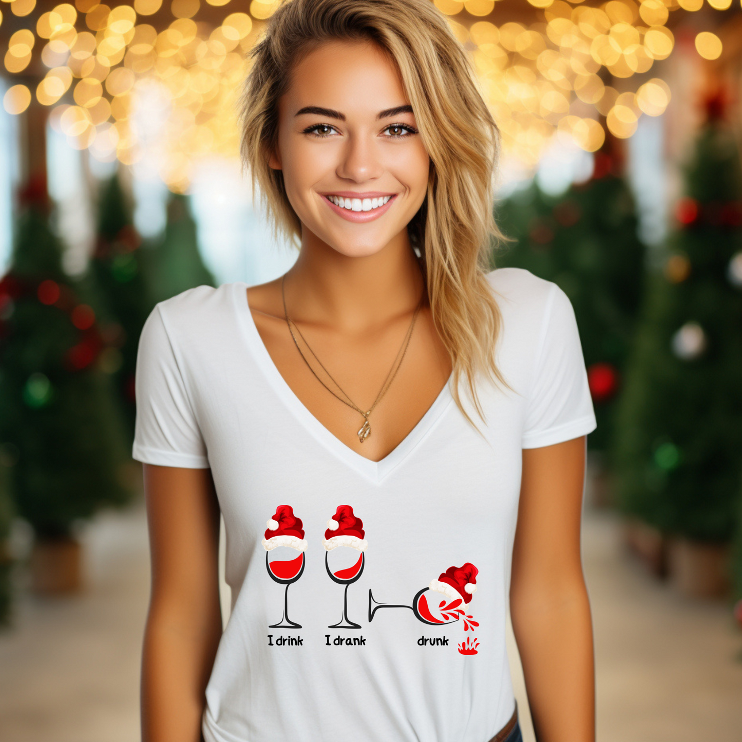 Sip, Savour, Celebrate: Unveil the Festive Spirit with Our “I Drink, I Drank, Drunk” Christmas  V-neck T-shirt - a Touch of Holiday Cheer!