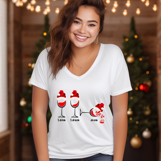 Sip, Savour, Celebrate: Unveil the Festive Spirit with Our “I Drink, I Drank, Drunk” Christmas  V-neck T-shirt - a Touch of Holiday Cheer!