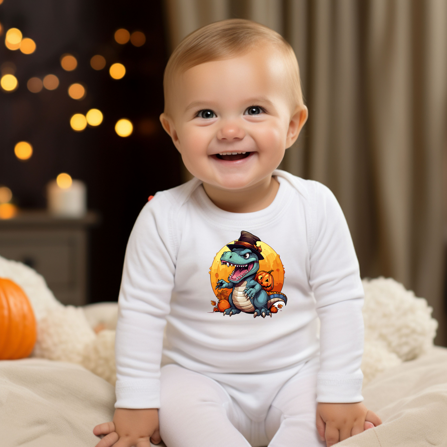Infant Halloween Dinosaur Long Sleeve Onesie.