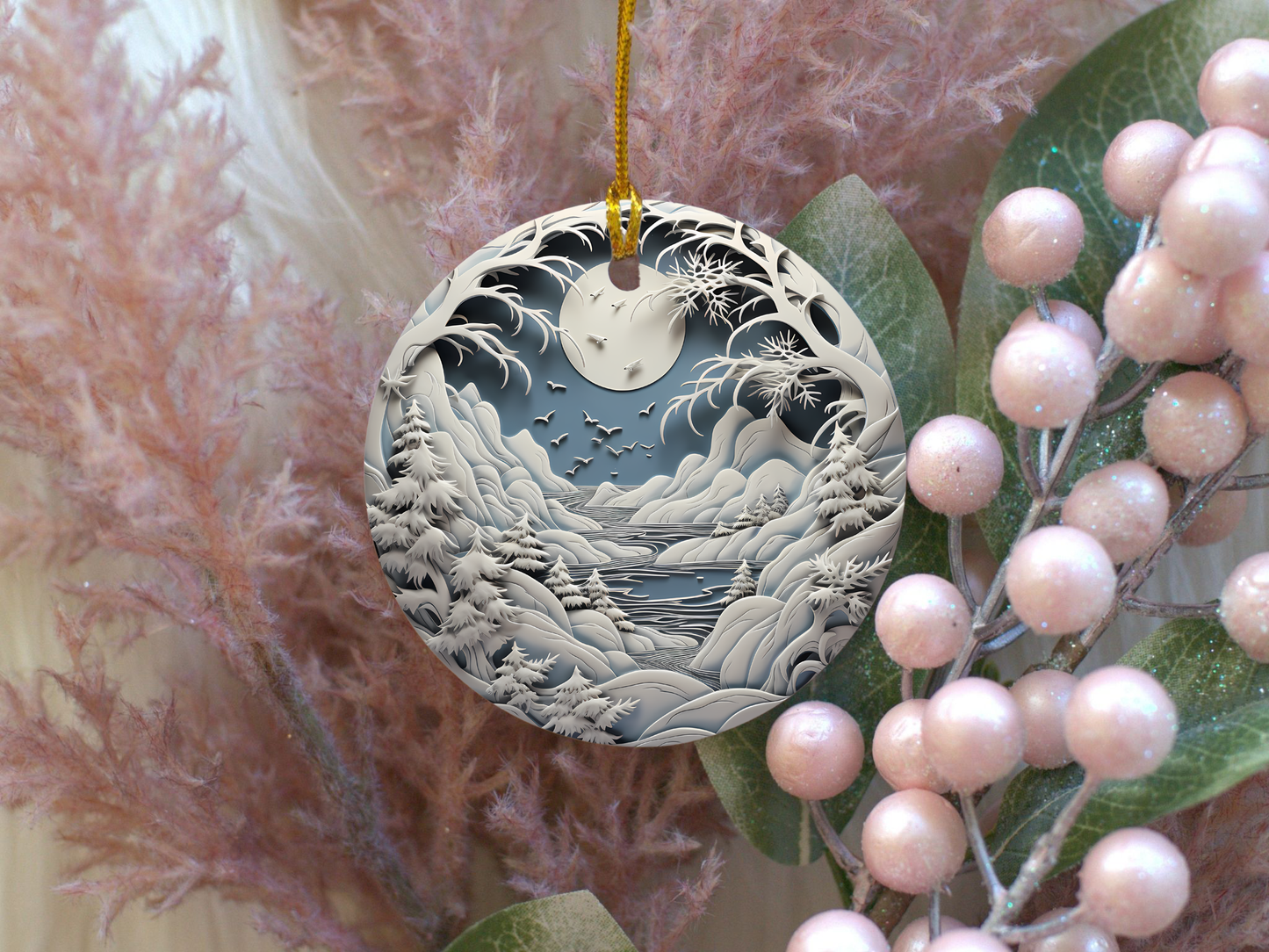 Radiant 3D Porcelain Christmas Ornament:  Elegance in Every Detail for Your Holiday Joy!