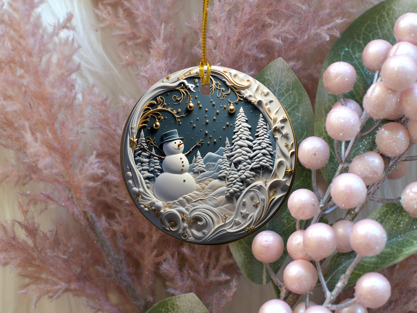 Radiant 3D Porcelain Christmas Ornament:  Elegance in Every Detail for Your Holiday Joy!