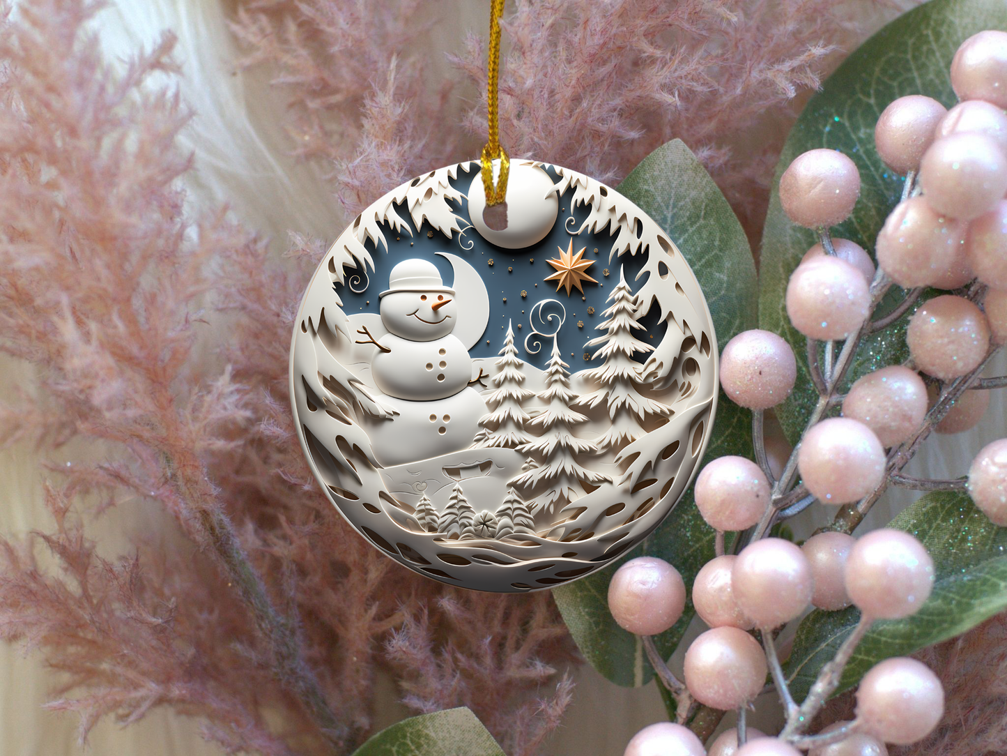 Radiant 3D Porcelain Christmas Ornament:  Elegance in Every Detail for Your Holiday Joy!