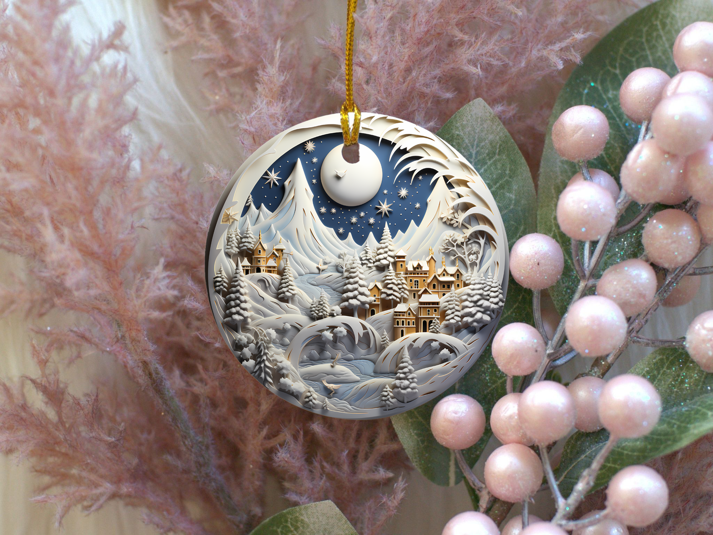 Radiant 3D Porcelain Christmas Ornament:  Elegance in Every Detail for Your Holiday Joy!