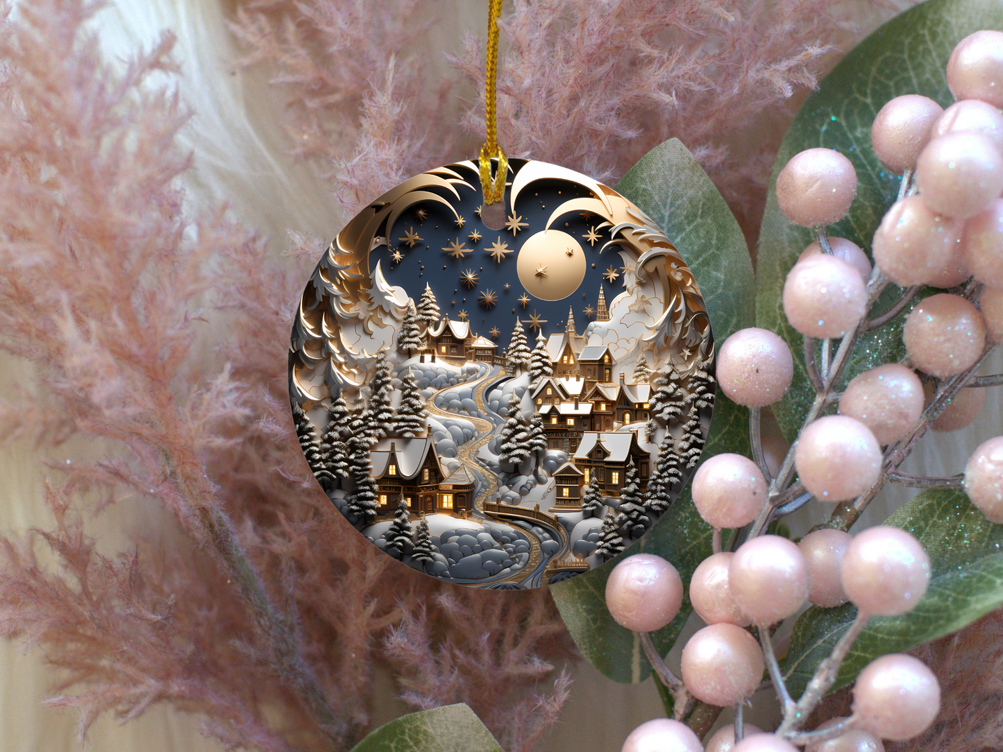 Radiant 3D Porcelain Christmas Ornament:  Elegance in Every Detail for Your Holiday Joy!