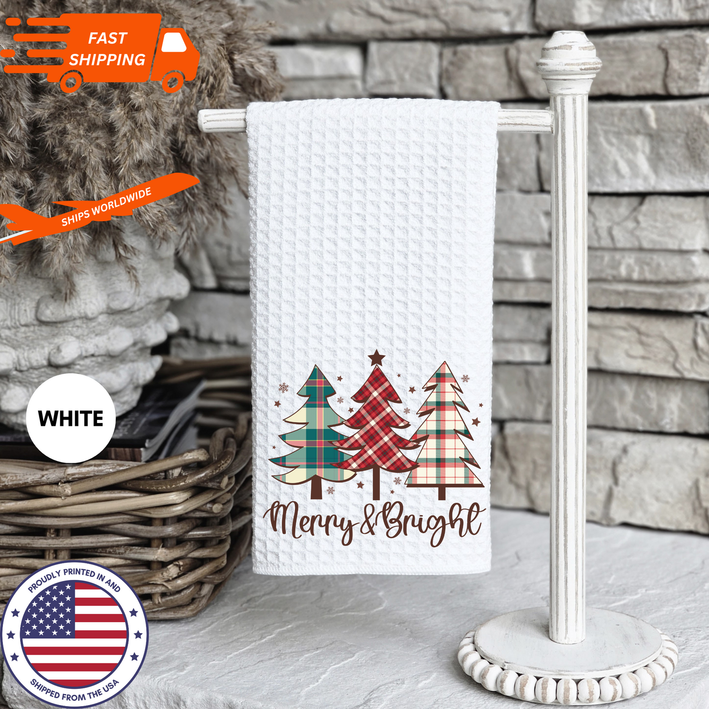 Beautiful Tartan Christmas Tree-Themed "Merry & Bright" Waffle Kitchen Tea Towel, Cute Christmas Waffle Dish Towel, Cute Stocking Filler