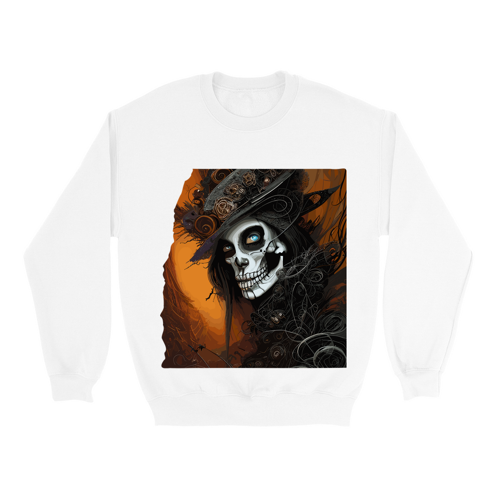 Explore our bewitching collection of Halloween sweatshirts, showcasing the mysterious allure of a Goth skeleton on the front.